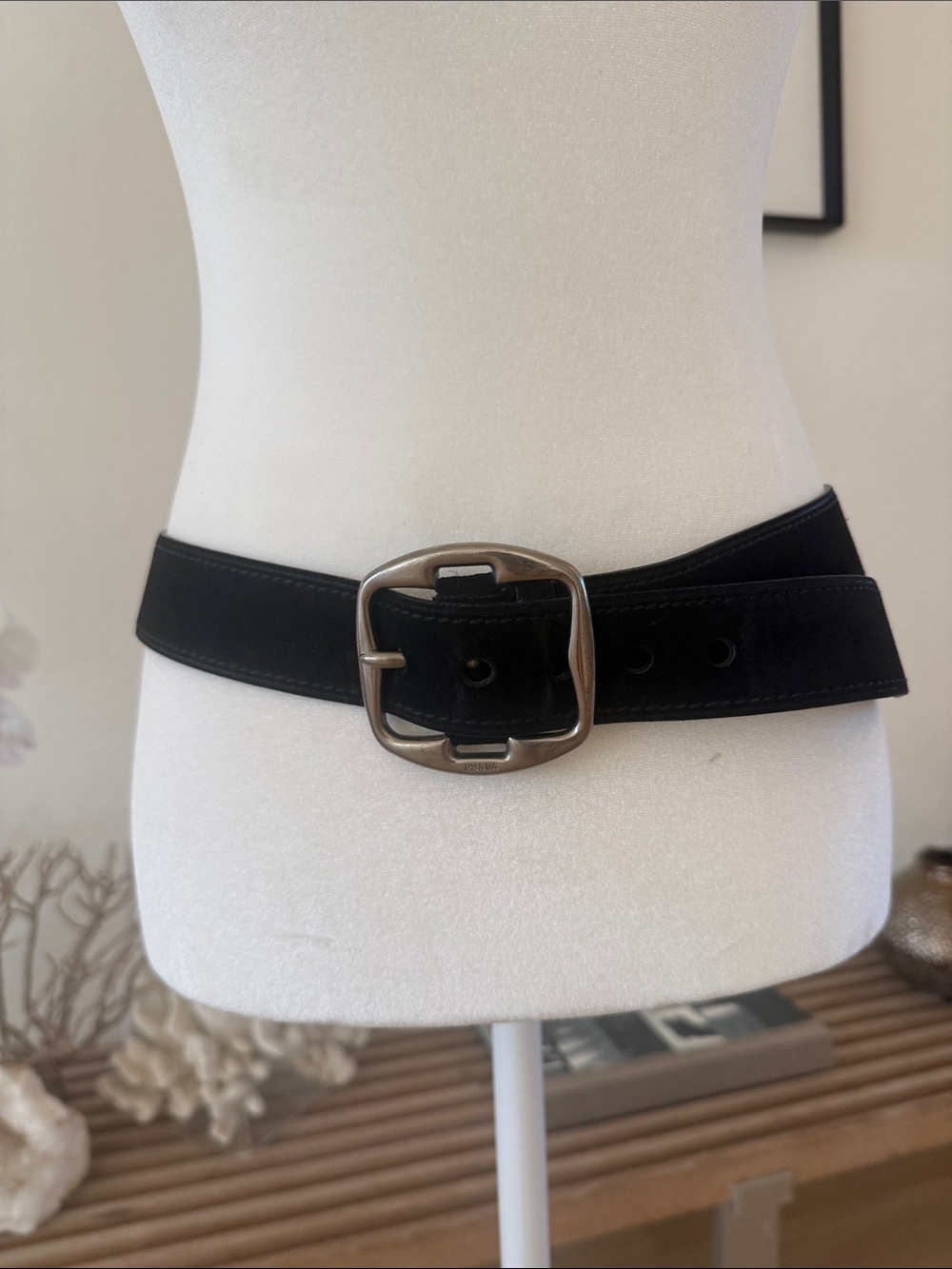 Prada Black Leather Waist Belt with Silver-Tone Buckle
